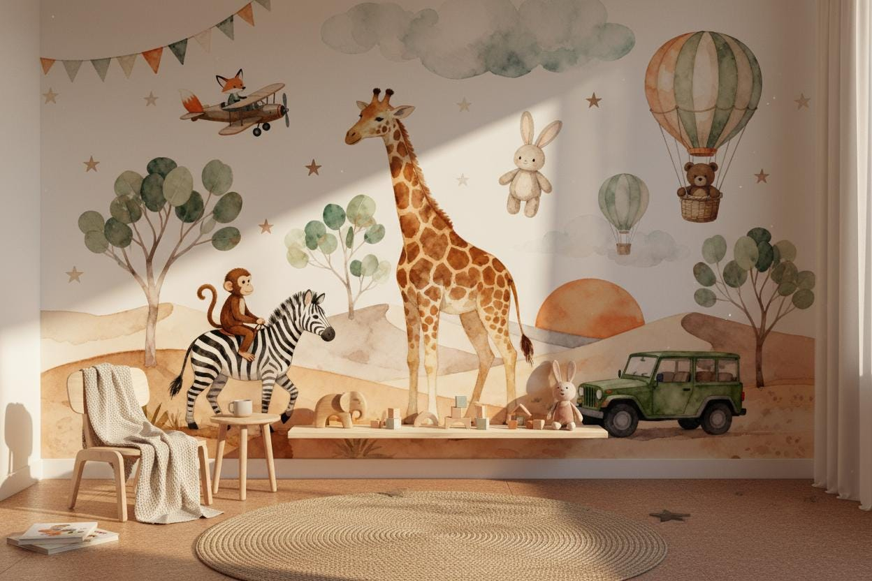 Cartoon Animal Wall Mural Kids - Baby Nursery Peel And Stick Wallpaper review and price