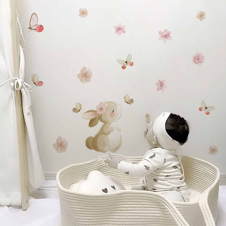 Cartoon Rabbit Flowers Butterf - Baby Nursery Decor Girl review and price